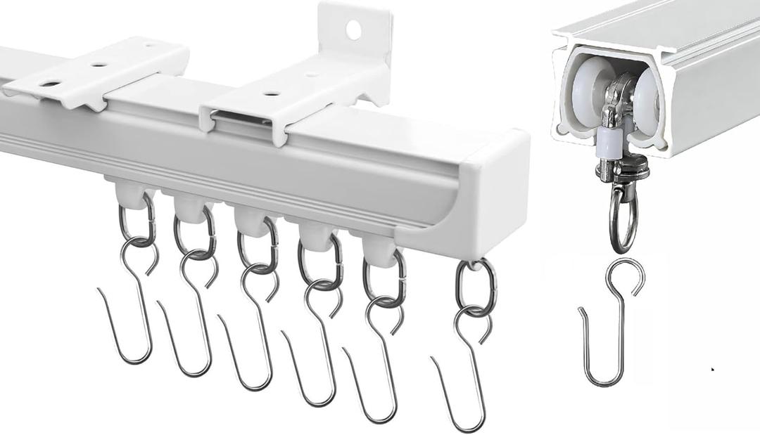 10 Ft Heavy-Duty Aluminium Curtain Track System, Wall and Ceiling Mounted, Rails with Quiet Glide Runners, Hooks, Brackets for Window, Door, Room Divider (White)