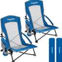 SUNNYFEEL Low Folding Beach Chair for Adults, Portable Lightweight Sling Beach Camping Chairs with Cup Holder, Armrest,Foldable Camp Lawn Chair for Outdoor Sand Concert Travel Sport Events,300LBS