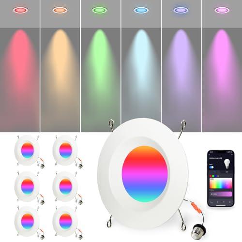 Aoketezm 6 inch Smart LED Can Lights Retrofit Recessed Lighting, RGB Color Changing WiFi&Bluetooth Downlight,13W 1050LM Bluetooth Shower Downlight, Compatible with Alexa,Google Home and Siri,6 Pack