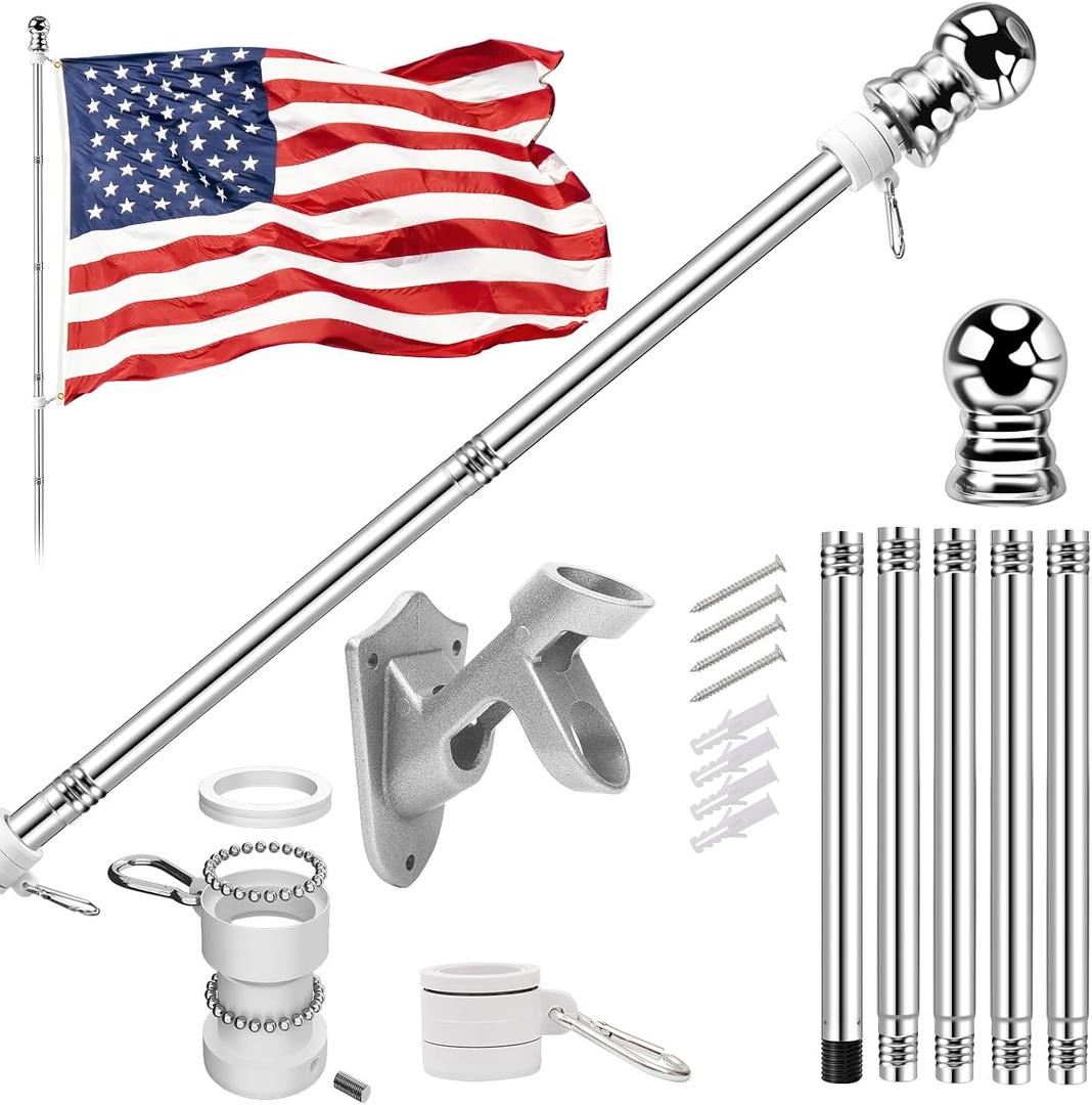 5 FT Flag Pole kit and American Flag 3x5ft with Pole Kit for Outside, Heavy Duty Flag Pole 5FT with 3x5ft American Flag, Stainless Steel Aluminum Multi-Position Flag Pole with Bracket Holder (silver)
