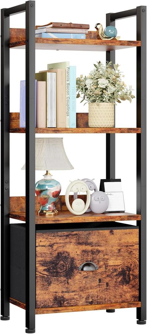 Furologee 4 Tier Bookshelf with Drawer, Tall Bookcase with Shelves, Narrow Bookshelves Storage Organizer, Wood and Metal Display Standing Shelf Unit for Bedroom, Living Room, Rustic Brown