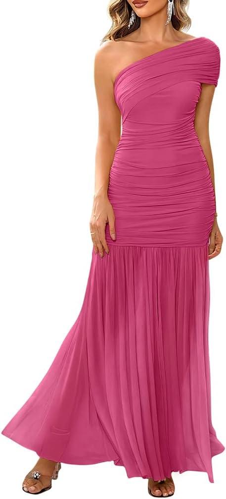 LAGSHIAN Women's Elegant Formal Long Dress One Shoulder Sleeveless Ruched Bodycon Evening Dress (X-Large)