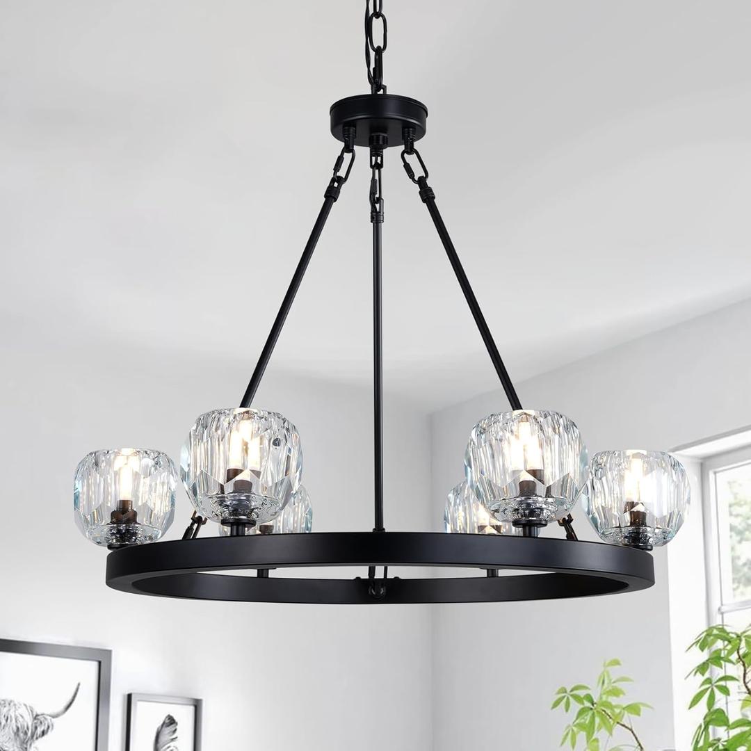 YUYI Black Wagon Wheel Chandelier, 23'' Modern Crystal Chandelier, 6-Light Round Farmhouse Chandeliers Light Fixture for Dining Room, Living Room, Bedroom, Foyer, Stairs and Entryway