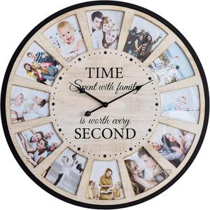 12 Photo Collage Rustic Wood Farmhouse Wall Clock, Large Family Picture Wall Clock for Living Room, Home, Kitchen, Silent Battery Powered 24 Inch Natural