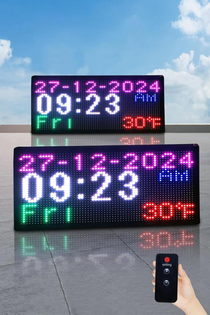 20x11 Inch Large Digital Wall Clock, Double-Sided Display with Date Day Temperature, Waterproof Outdoor Clock with Remote, Full Color LED for Gym, Garage, Office, Indoor Use