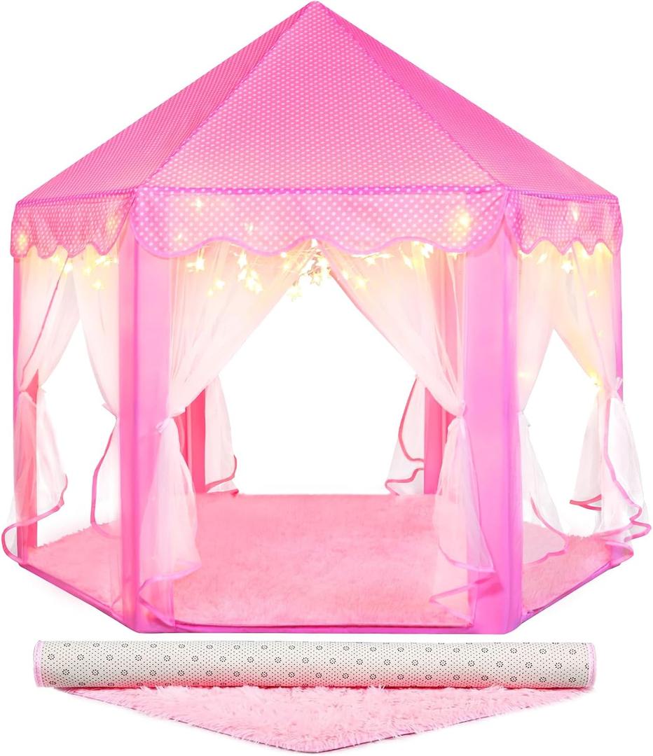 Senodeer Princess Tent for Girls Indoor: with Rug, Star Lights  Pink Play Tent for Kids, Girls Toys for Indoor and Outdoor Games, Princess Castle Playhouse