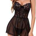 Lingerie for Women Sexy Lace Babydoll Mesh NightDress Thong Chemise Boudoir Nightwear (Black, L)