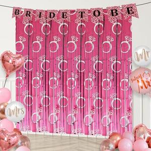 Pack of 2 Bachelorette Party Decorations, 2 Pcs Diamond Ring Pink Backdrops Foil Fringe Curtain Tinsel Streamers for Bachelor Proposal Engagement Wedding Shower Bride Party Supplies