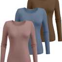 Ficerd 3 Pack Women's Ribbed Long Sleeve Tops, Crew Neck Slim Fit Undershirts Knit Basic Casual Stretch Layering Tee Shirts (Medium, Light Haze Blue, Red Bean Paste, Cold Brown)