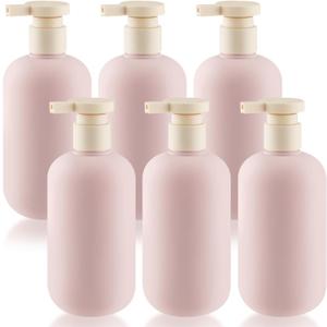6 Pcs 10 oz Soft Plastic Bottles with Press Pump,Empty Refillable Travel Shampoo Dispenser Container for Hand Soap,Shampoo,Lotion,Body Wash,Conditioner,Silicone Funnel Included (Pink)