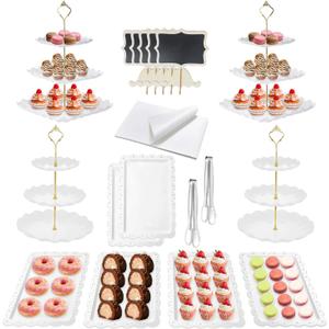 27 Pcs Cake Stand, Dessert Table Display Set, 4 Pcs Tiered Cupcake Stand 5Pcs Chalkboard Signs 6Pcs Serving Tray 10Pcs Baking Paper and 2 Tongs for Tea Party Baby Shower Birthday (Easel-Stand Set)