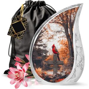 YATSKIA Red Cardinal Bird Funeral Urns for Human Ashes Adult Man, Cross Memorial Urn for Ashes for Women, (Tear Drop Urn, Large 10 Inch)