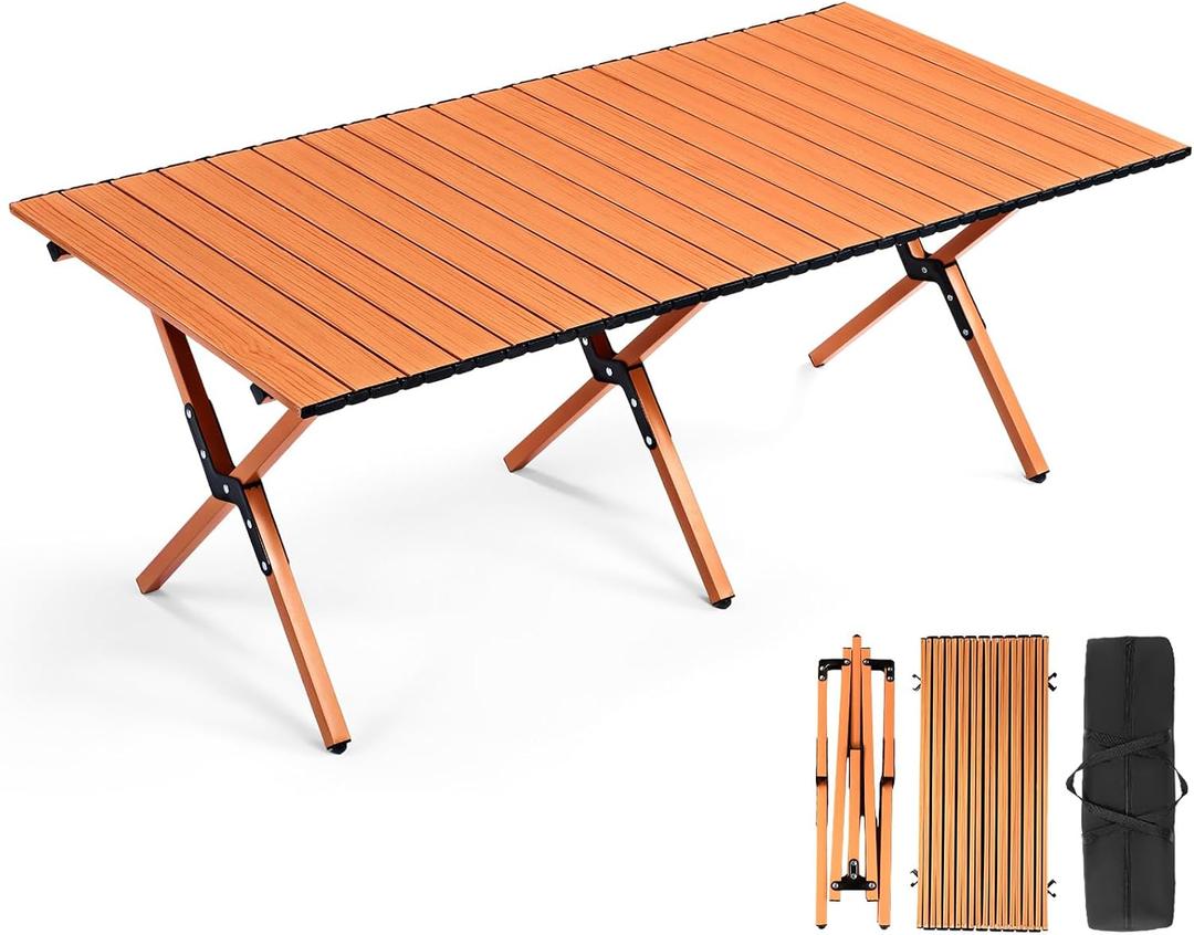 Suzile 1 Pack 4FT Folding Camping Table, Roll Up Portable Camp Table with Carry Bag, Low Collapsible Lightweight Aluminum Outdoor for Camping, Picnic, Beach, Patio, Kitchen (Nut Brown), 45.7 x 23.6 x 17.7 inches
