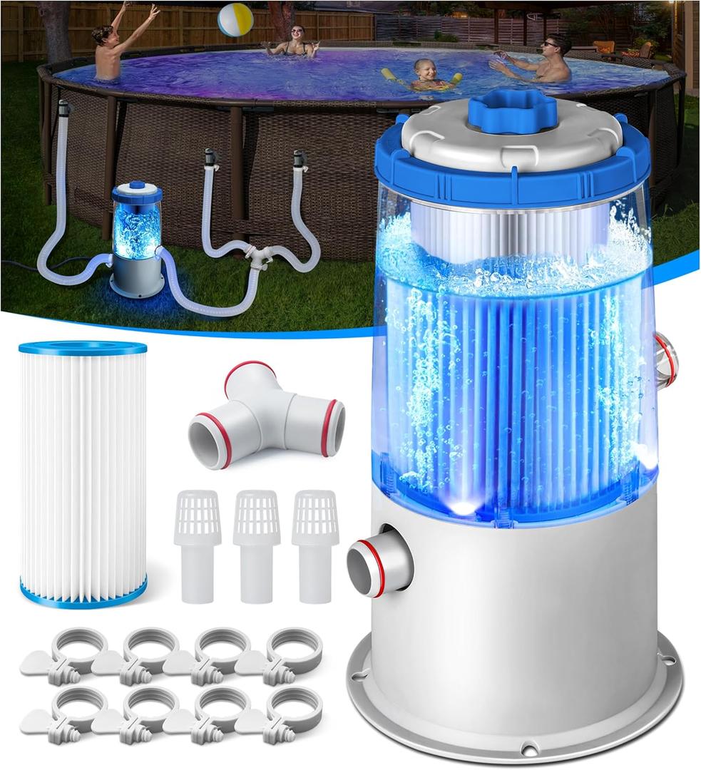1000 GPH Light-Up Pool Filter Pump for Above Ground Pools | Built-in Blue LED Light, Transparent Housing for Real-Time Water Circulation & Filtration Monitor, Pool Cartridge Filter Pump System