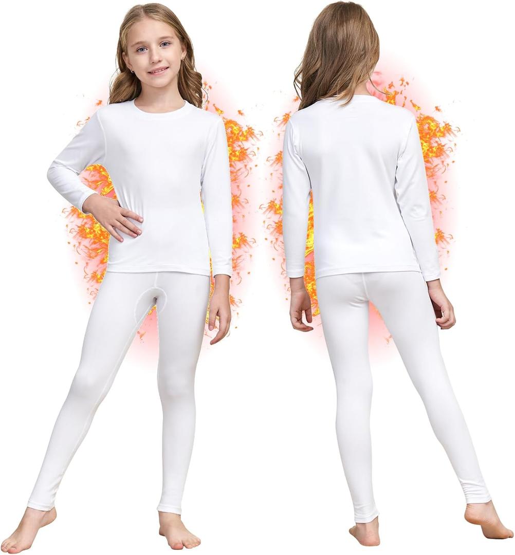 HEROBIKER Girls Thermal Underwear Set Ultra Soft Fleece Lined Kids Long Johns Top Bottom Thermals Kids Base Layer Winter Warm (Large, White)