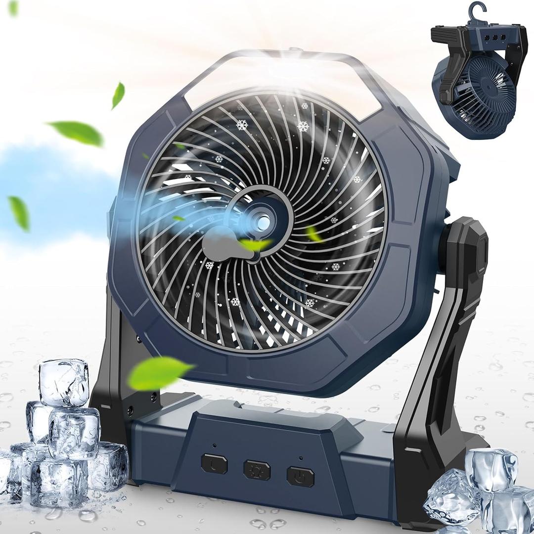 Ausic Portable Misting Camping Fans, Max 35H Runtime, Outdoor Cooling Fan for Patios, 8 Inch Battery Operated Rechargeable Fans, Water Spray Fan with LED Light, Travel Beach Camp Essential (10000mAh, Grey)