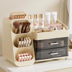 Aveniee Makeup Organizer with Drawers, Large Bathroom Countertop Storage for Vanity, Cosmetic & Skincare Display Case for Brushes, Perfumes, Lipsticks (Cream White)