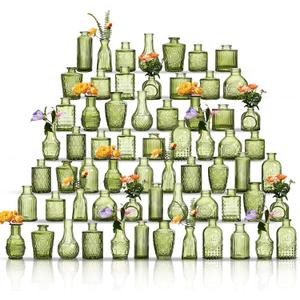 Glass Bud Vases Set of 64 - Green Assorted Small Mini Glass Vases for Flowers, Crystal Vintage Vase Set, Bulk Centerpieces for Table Dcor, Wedding, Home and Events (Green, 64 Pcs)