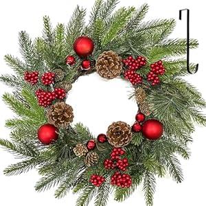 22 Inch Christmas Wreaths for Front Door with Hanger Red Ball Ornaments Berries Pine Cones Xmas Winter Wreath for Home Wall Window Porch Thanksgiving Holiday Indoor Outdoor Decor