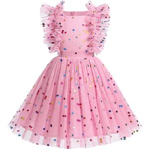 Kids Girls Confetti Birthday Princess Dress Ruffle Sleeve Boho Cake Smash Photo Shoot Outfit, Size: 3-4T