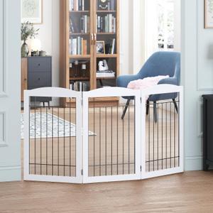Spirich Free Standing Foldable Metal Pet Gate for Dog, 60" Extra Wide 30" H | Dog Gate for Doorway, Stairs, the House, Pet Puppy Safety Fence, Support Feet, Kitchen, Hallway, 3 Panels, White