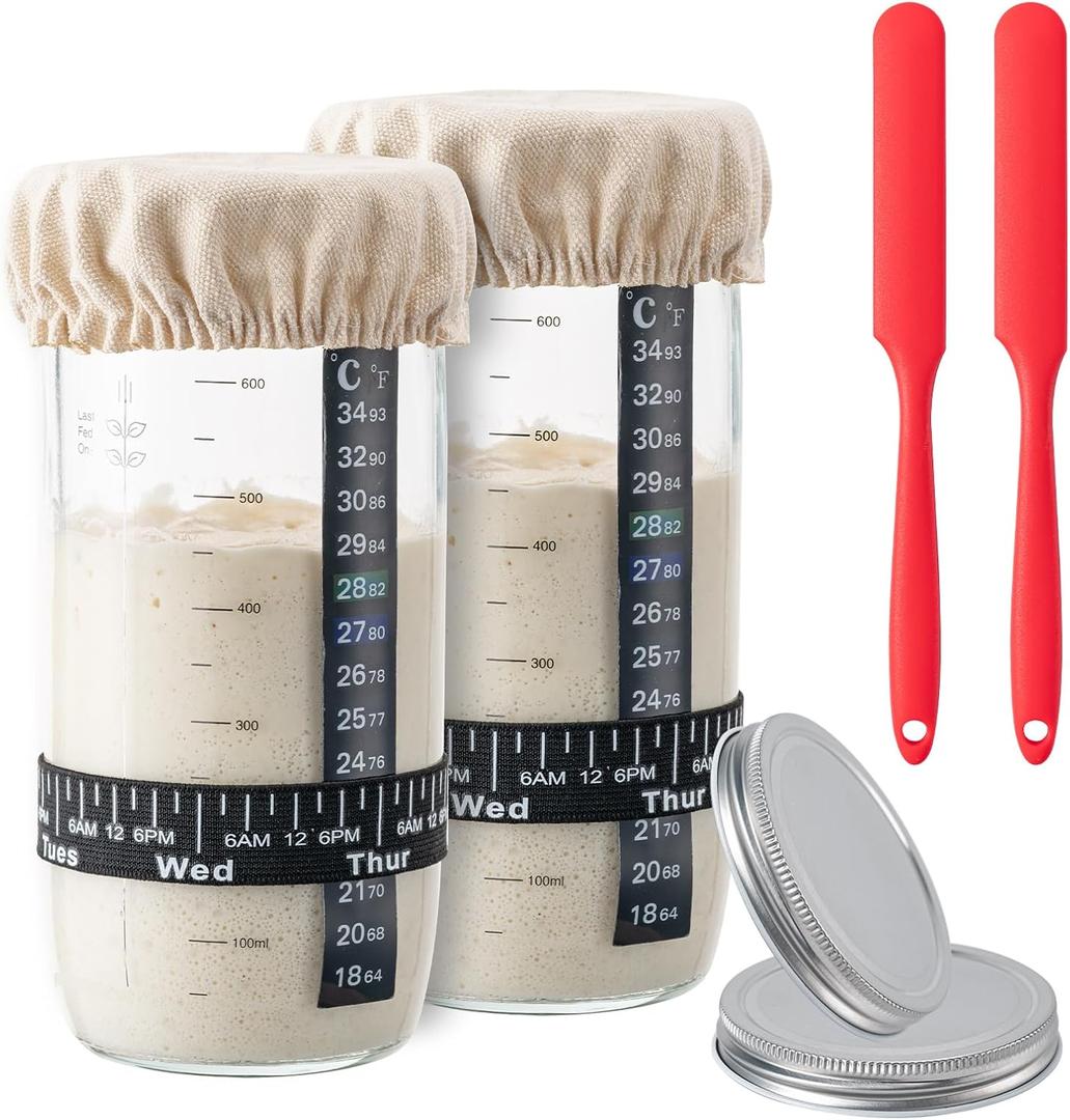BOOMIBOO Sourdough Starter Jar, 24oz 2pcs Sourdough Bread Baking Supplies Fermentation Kit, Glass Jars Bread Making Accessories with Date Marked Feeding Band, Thermometer, Cloth Cover & Metal Lid