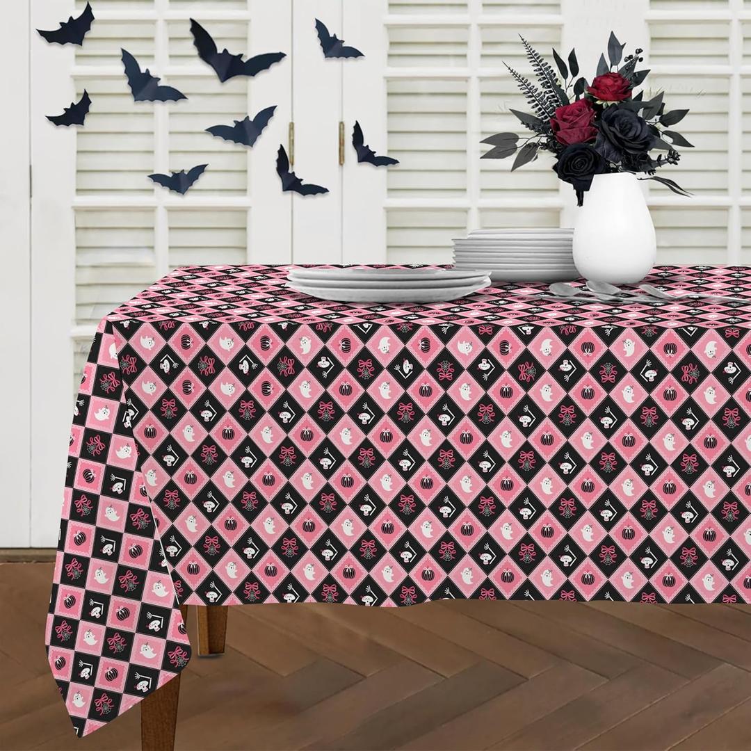 Halloween Tablecloth 60102 Inch Rectangular, Black/Pink Checkered Cute Pumpkin Ghost Skull Spider Web Table Cover Party Ginham Decorations for Rectangle Tables