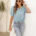 CiCiBird Women Button Down Print Shirt Summer Casual V Neck Tops Trendy Dressy Short Puff Sleeve Blouse (Blue, L)