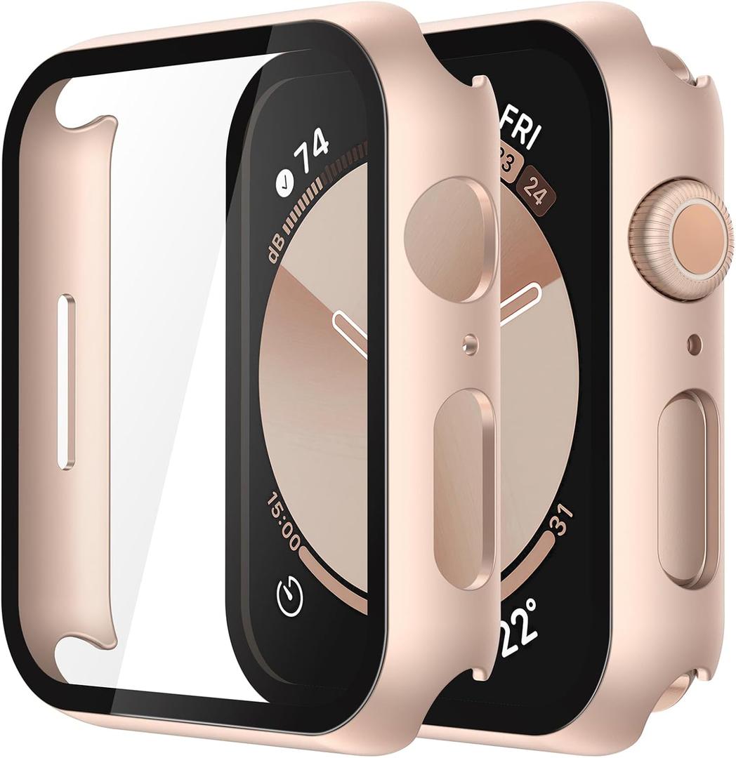 Misxi 2 Pack Tempered Glass Case Compatible for Apple Watch SE 3 (2025) SE 2 SE Series 6 Series 5 Series 4 44mm, Hard PC Screen Protector Protection Cover for iWatch, 1 Rose Gold + 1 Transparent