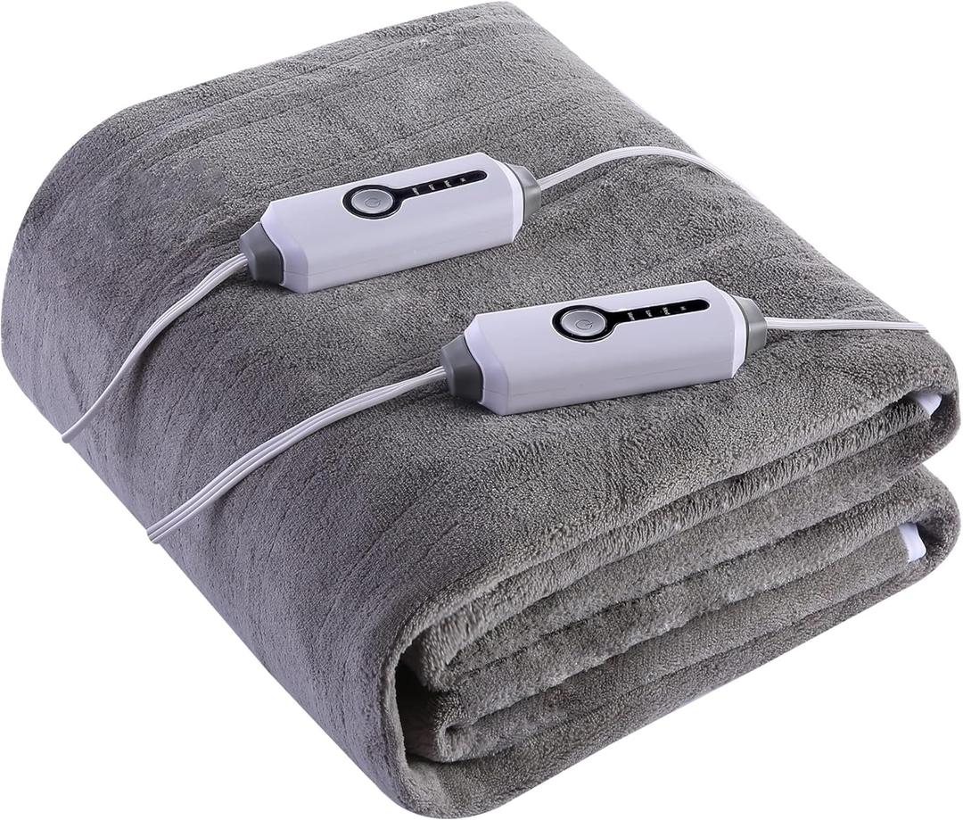 YAKEE Electric Mattress Pad Queen Size 60"x80", Dual Control,Soft Colar Fleece with 4 Heating Levels, 10-Hour Auto Shut Off, Fast Heating, Deep Pocket Bed Topper Fit Up to 21", Machine Washable, Grey (Gray)