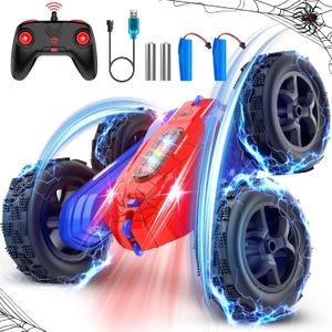 Remote Control Car, Double-Sided 360  Flipping Rotating RC Car, RC Stunt Car with Colorful LED Lights, 4WD RC Toy Car for Boys Age 8-12 and Boys Girls Birthday Present (Red)
