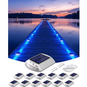 Detarzinled Solar Driveway Lights Outdoor, 12 Pack IP68 Waterproof Dock Deck Lights Solar Powered, Stick on & Screw Blue Markers Light for Pathway, Walkway, Sidewalk, Patio, Pool Deck, Garage Entrance