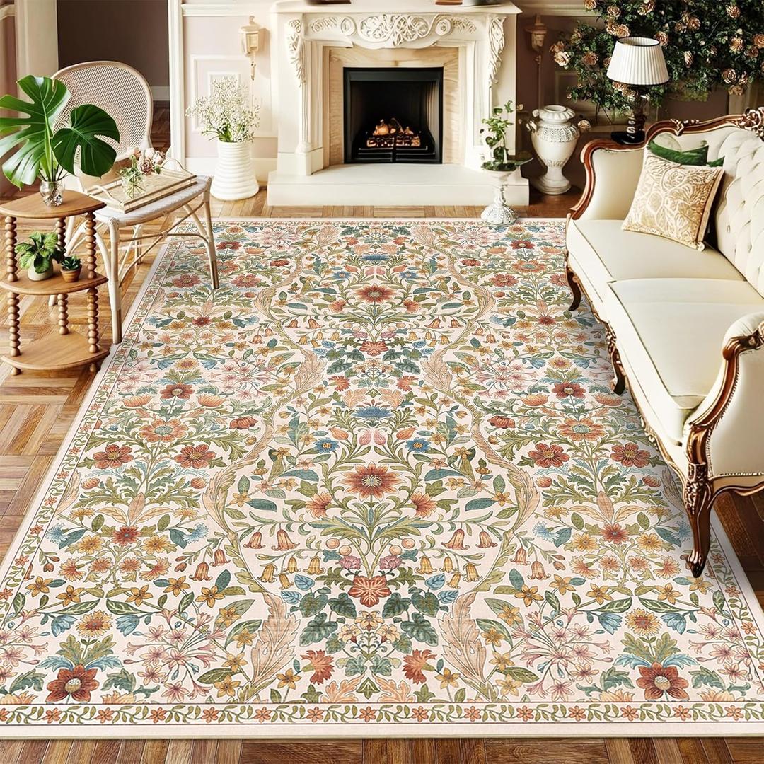 57 Area Rugs Beige Washable Floral Rug,Vintage Boho Soft Low-Pile Living Room Rugs, Stain Resistant Botanical Non-Slip Carpet for Girls Bedroom,Dining Room,Kids Nursery,Home Decor