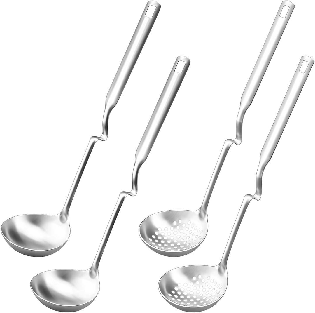 4 Pcs Stainless Steel Ladle Spoon Set for Cooking, Includes 2 Soup Spoons and 2 Slotted Spoons, Hot Pot Strainer Spoons, Long Handle, Rust-Resistant, Easy to Clean, Ideal for Serving Soups and Liquids