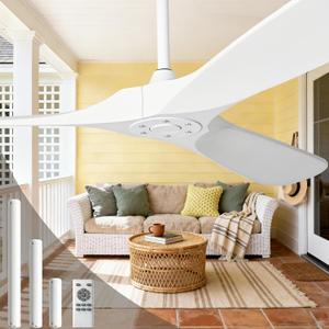52" White Ceiling Fans Without Lights, 52 Inch Outdoor Ceiling Fans no Lights, 3 Blade Solid Wood Waterproof Ceiling Fan with Remote Control for Indoor Outdoor Farmhouse/ Patio Porch - White Blades