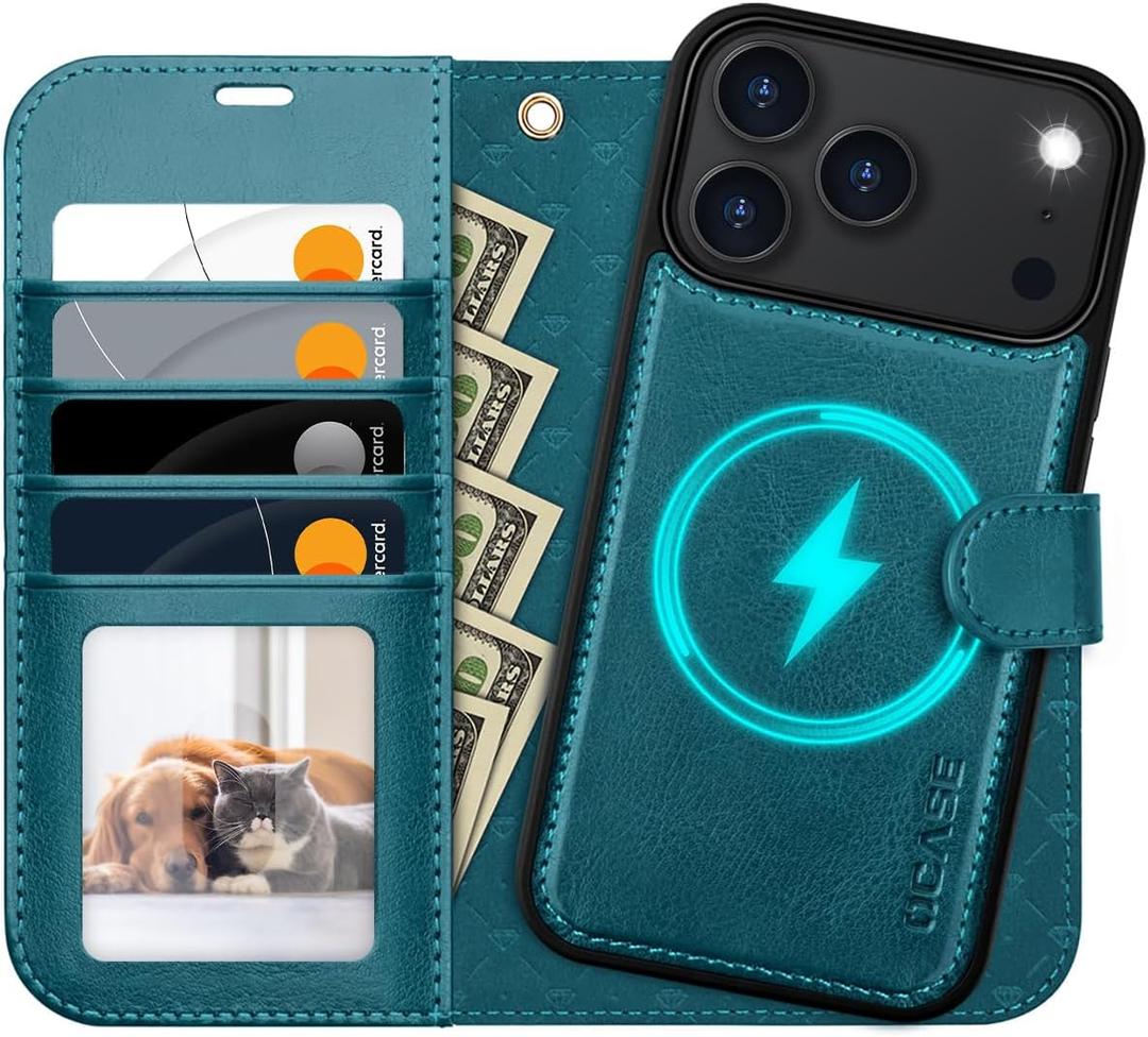 OCASE for iPhone 17 Pro Max Detachable Wallet Case with Card Holder, 2 in 1 PU Leather Flip Folio with RFID Blocking Stand Wrist Strap Shockproof Phone Cover 6.9 Inch 2025, Peacock Blue