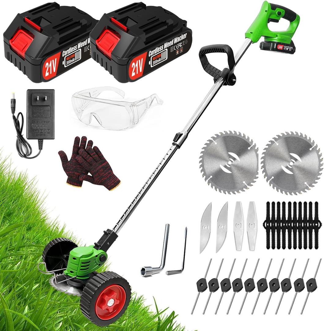 Cordless Weed Wacker Eater Electric Battery Powered, 21V Lightweight Weed Trimmer Edger Lawn Tool with 2Pcs 2000mAh Battery