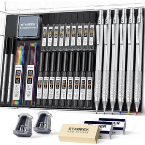35Pcs Art Mechanical Pencil Set with Case, 0.5 0.7 0.9 2.0 Graphite Metal Drawing Drafting Pencils, Sharpener Erasers 384PCS Lead Refills (6B 4B 2B HB 2H 4H Colors)Pencils for Writing Sketching, Silver