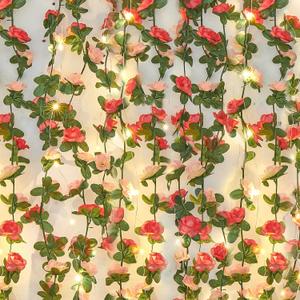 MARTINE MALL Flower Garland Rose Vines, 2 Strands 16.5Ft Flowers Vines for Bedroom with 16.5 Ft/50 LED String Lights, Hanging Flower Vines Floral Garland Decorations for Room Table Wedding Decor, 2 Packs