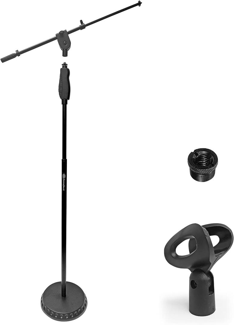 AxcessAbles One Hand Microphone Stand with Weighted Heavy Round Base and Quick Grip Height Adjustment - Telescoping Mic Boom Arm Included. Tall Microphone Stand for Singing (MS-201RB)