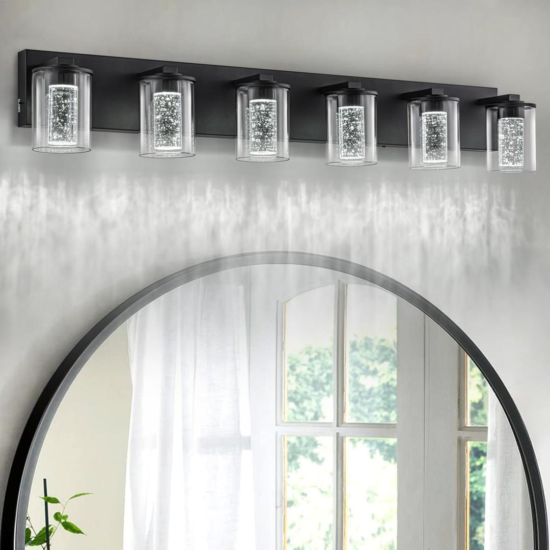 SineRise Black Vanity Light (6-Light, 40-Inch), (3000K/4000K/6000K, Dimmable), Eye Protection LED Bathroom Light Fixture, Modern Wall Light Over Mirror with Clear Glass Shade