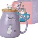 SHENDONG Cute Cat Mug - Kawaii Kitty Lid & Spoon, 15OZ, Japanese Style, Purple