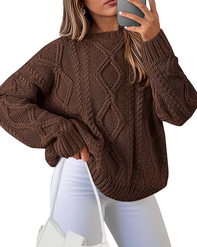 BTFBM Casual Women Long Sleeve Sweater 2025 Fall Ribbed Knit Pullover Loose Crewneck Cable Sweater Jumper Tops, Solid Coffee, M