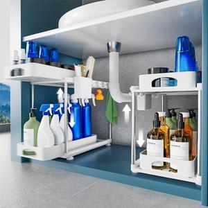 VERIFOST 1 Pack Under Sink Organizers and Storage, Double Sliding Kitchen Cabinet Organizer, 2 Tier Height Adjustable Countertop Organizer for Kitchen Bathroom Laundry, White
