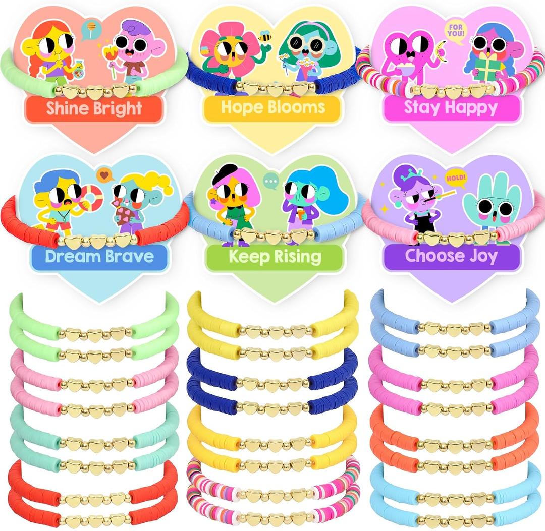 24PCS Kids Friendship Bracelets with Gift Cards, Colorful Heart Bead Adjustable Bracelets, Girls Party Favors Supplies Classroom Prizes Exchange Gifts Little Girls Play Jewelry