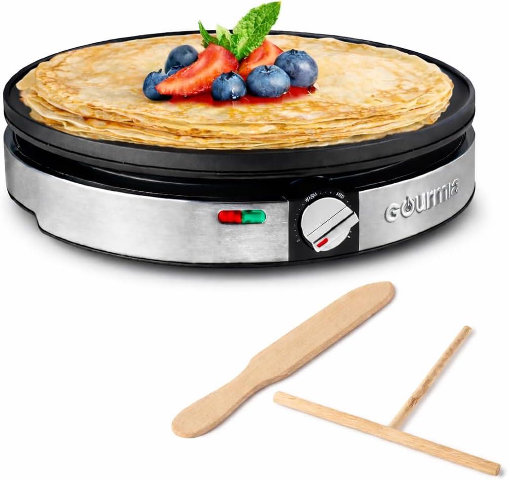 Gourmia 12 Crepe Maker Nonstick Electric Griddle for Pancakes, Omelets & More, Precise Temp Control with Indicator Lights, Includes Spatula & Batter Spreader, Quick Cleanup, Stainless Steel Trim