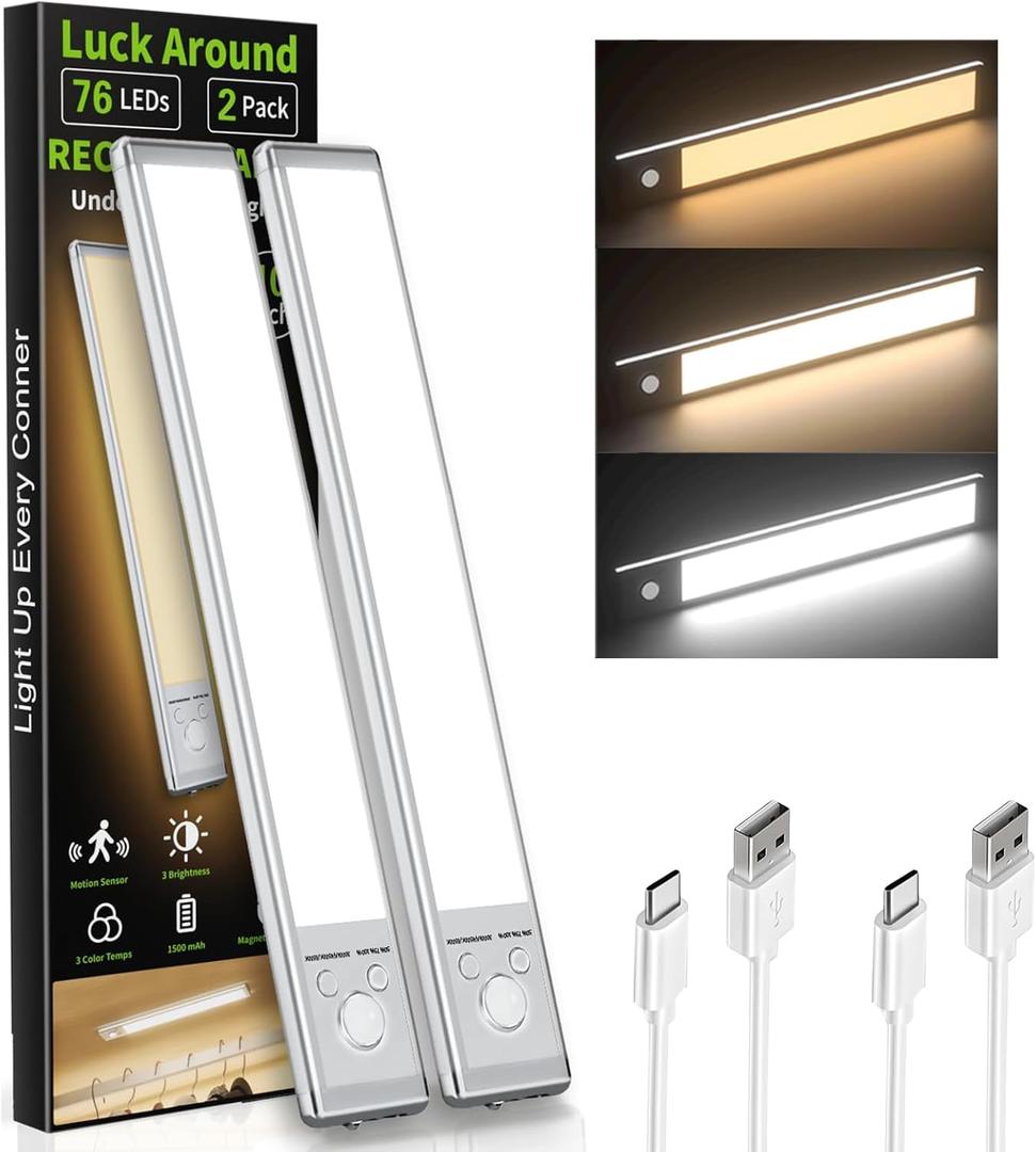 Under Cabinet Lighting, 2 Pack Motion Sensor Light Indoor, 76 LED USB Rechargeable Battery Operated, 3 Levels Dimmable Magnetic Closet Lights, Wireless Under Counter Lights for Kitchen Stairs Hallway