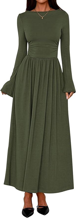 BTFBM Long Sleeve Maxi Dresses for Women 2025 Fall Casual Ruched Boat Neck Flowy Elegant Formal Wedding Guest Dress(Army Green, Large)