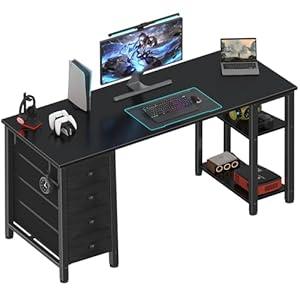 Lufeiya Gaming Desk with 4 Fabric Drawers & Storage Shelves, 63 inch Computer Writing Work Study Desk for Home Office Bedroom, Modern Simple Student PC Desks Table, Black