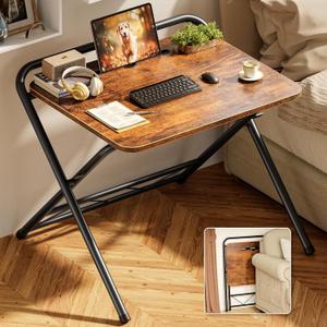 Huuger Folding Desk with 3-Level Adjustable Height and Tablet Slot, 24 Inch Foldable Computer Desk for Small Spaces, Space Saving, Writing Work Table for Home Office, Bedroom, Study, Rustic Brown (26.6 inch)
